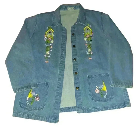The Blue Jackets & Blazers - Vintage Hummingbird Denim The Blue Floral Embroidered Barn Chore Jacket